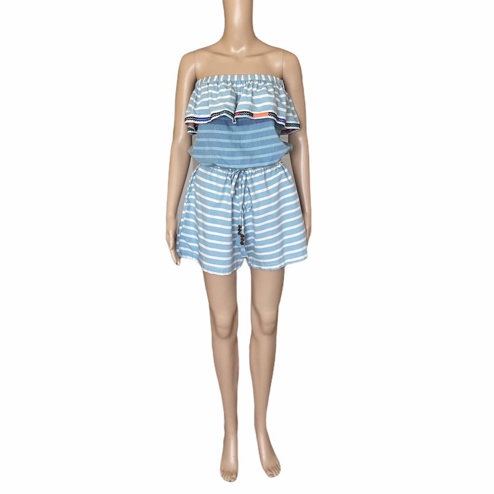 Kopal Artisan Biji Off The Shoulder Cotton Romper in Blue Stripe M